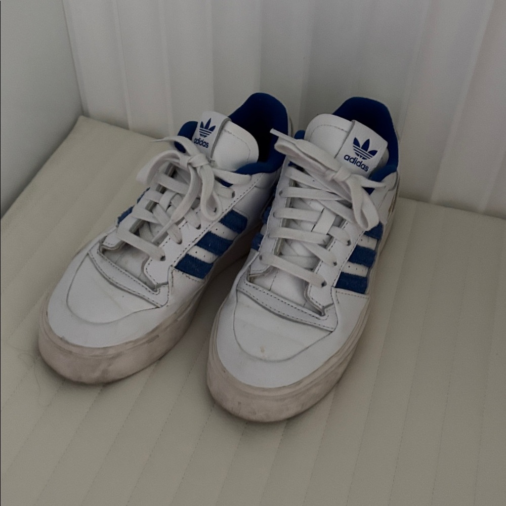 Adidas White Sneakers with Blue Stripes